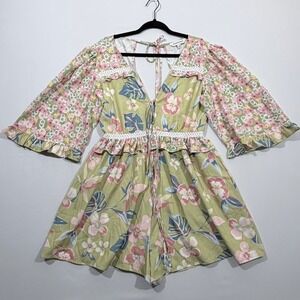 Davi & Dani Floral Romper Dress Skort Lace Cutout Festival Boho Cottagecore M